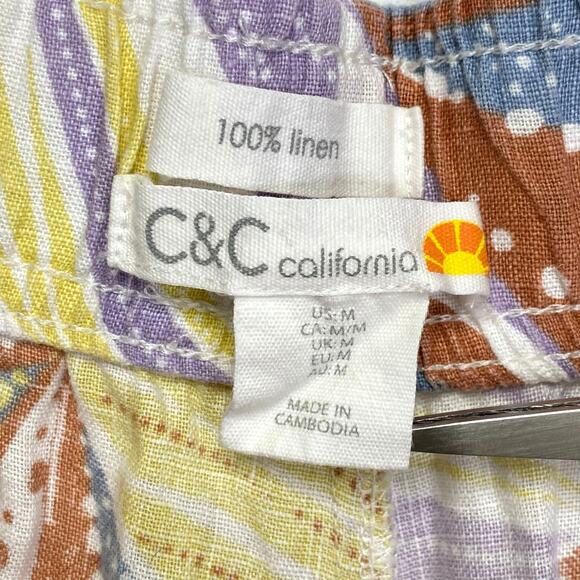 C&C CALIFORNIA Wide Leg Linen Pants Sz M Pastel Tropical Palm Leaf Resort Wear - Picture 2 of 6